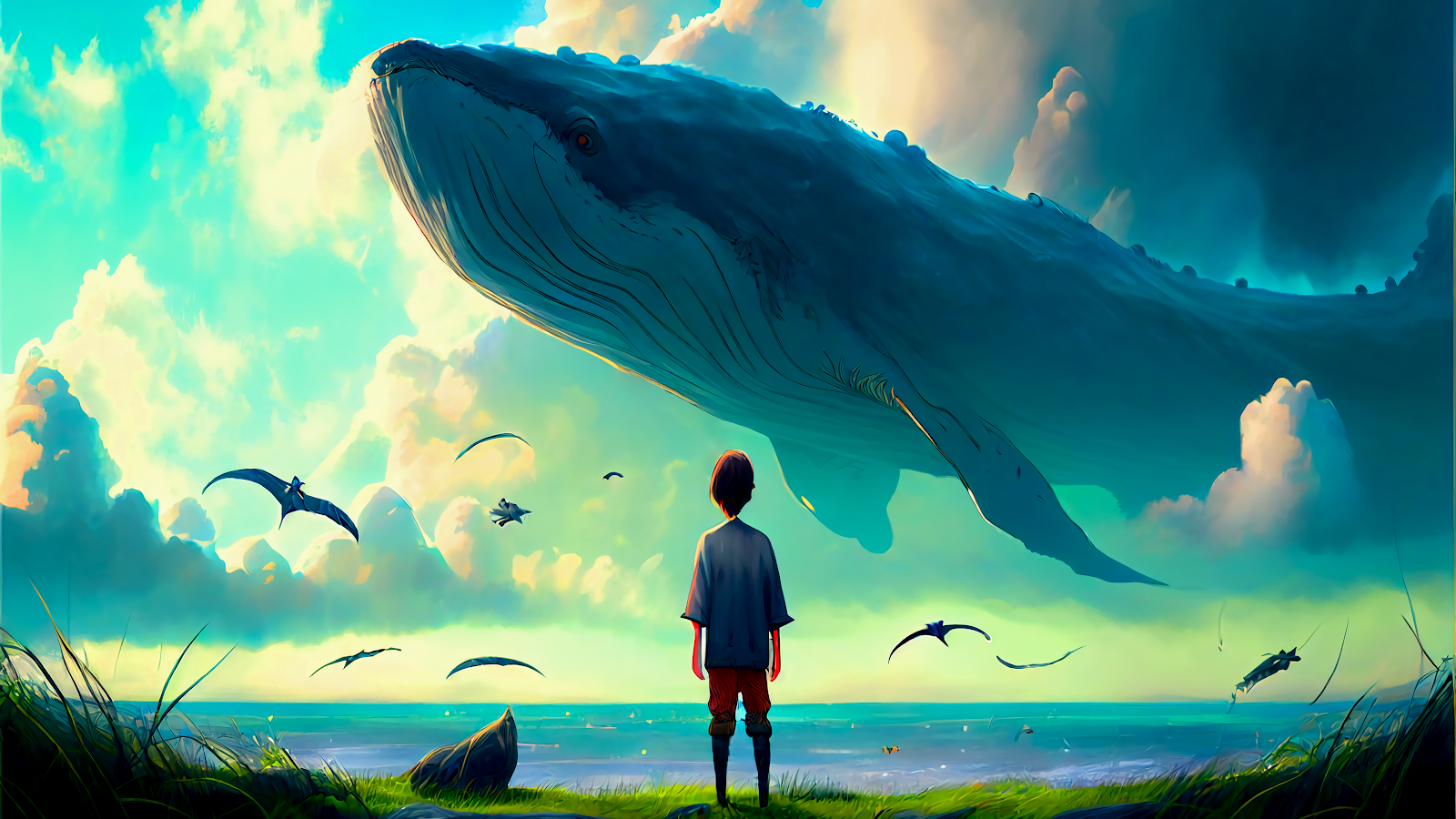 A child stands on a grassy shore, gazing up at a massive whale floating in the sky above a tranquil sea. Several flying creatures soar around the whale. This fantastical scene evokes a sense of wonder and adventure