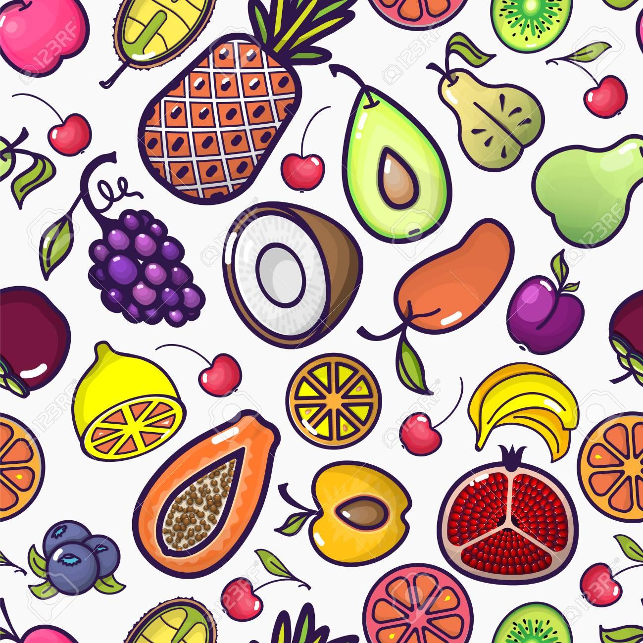 Cartoon Fruits And Berries Vector Seamless Pattern Colorful Fruit