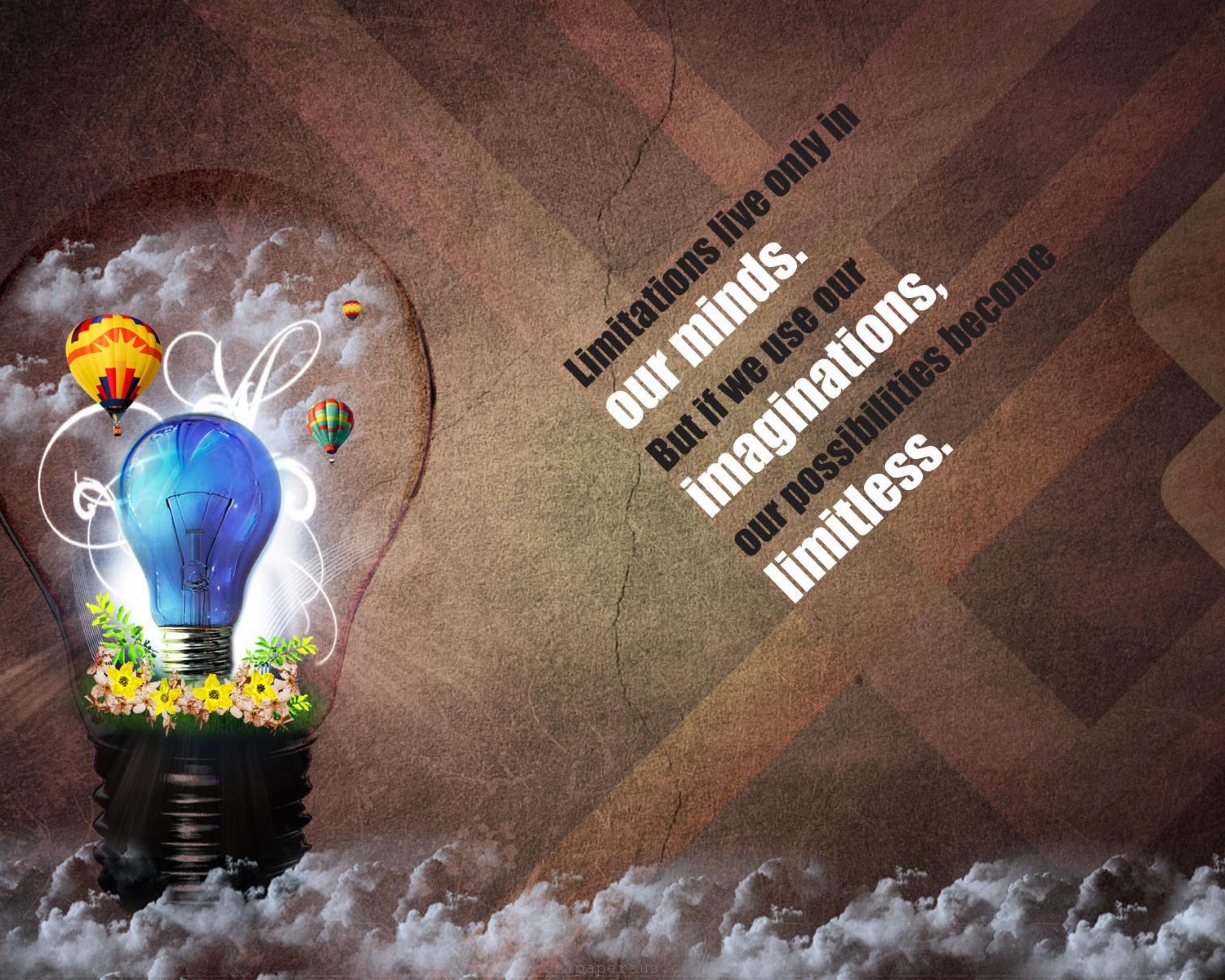 A lightbulb filled with hot air balloons and flowers against a textured background with the quote: 