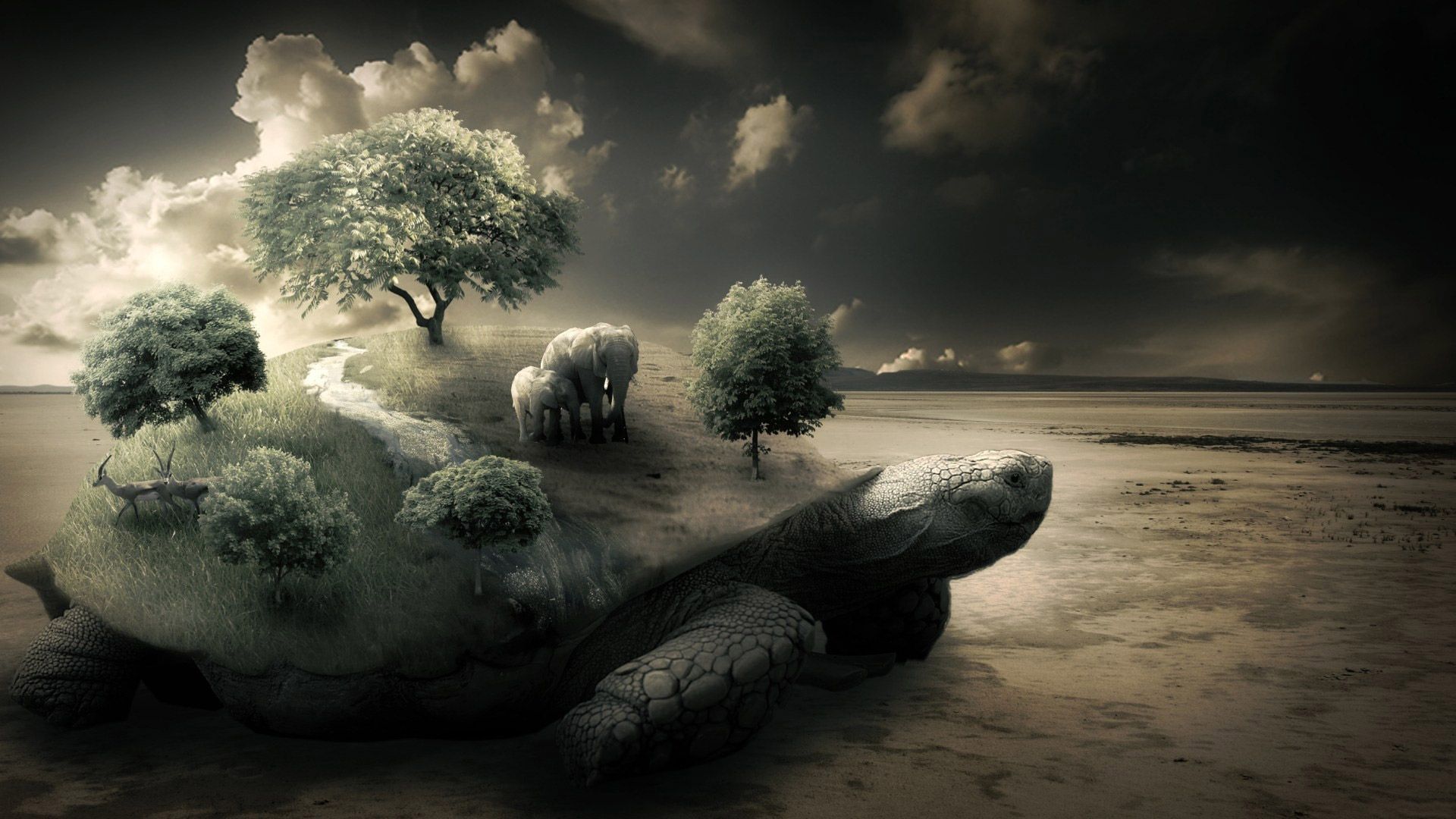 A surreal landscape with a giant tortoise carrying a miniature world on its back, featuring elephants, trees, and a small river