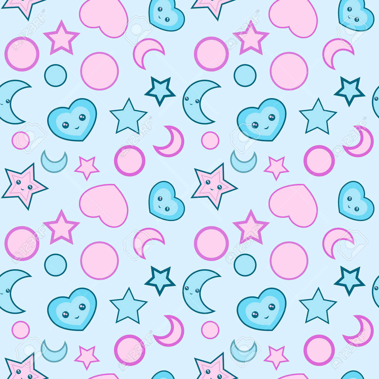 Seamless Pattern With Colorful Cartoon Stars And Hearts Cute