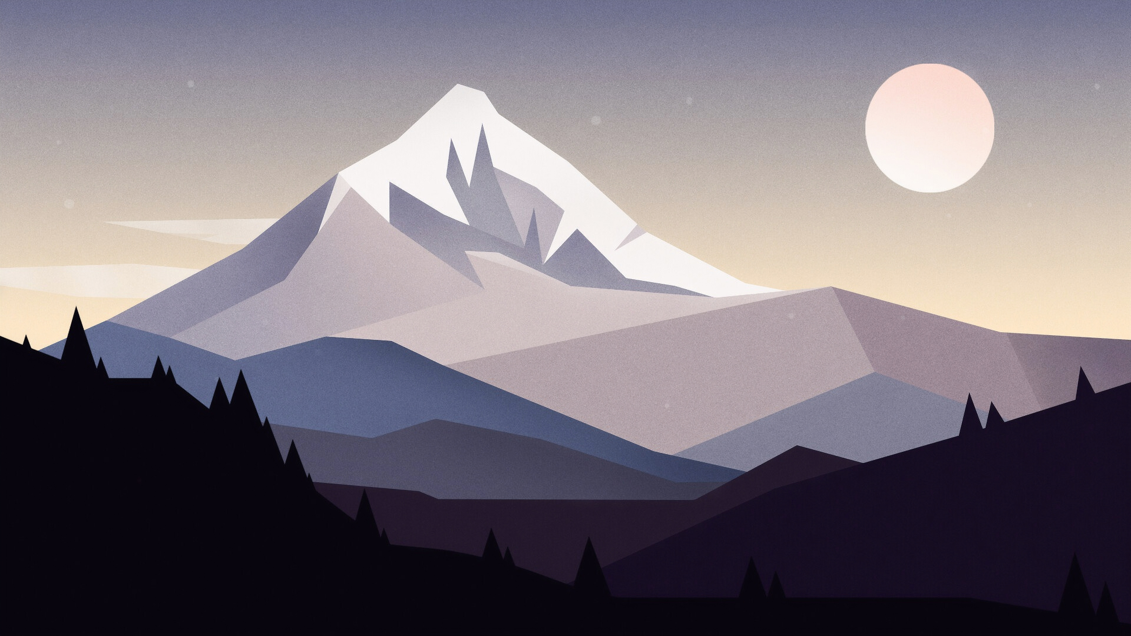 Minimalist 4k wallpaper featuring a snow-capped mountain against a twilight sky with a large moon