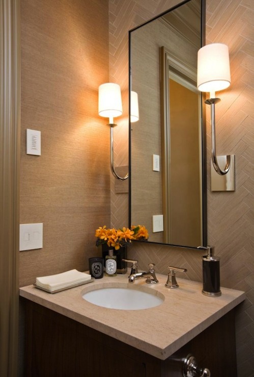 Chic Small Powder Room Design With Tan Grasscloth Wallpaper Tiles