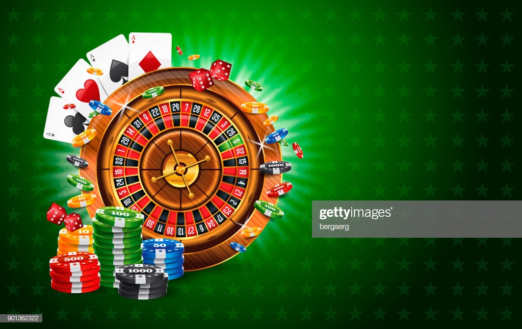 Casino Jackpot Background With Roulette Wheel Gambling Chips And