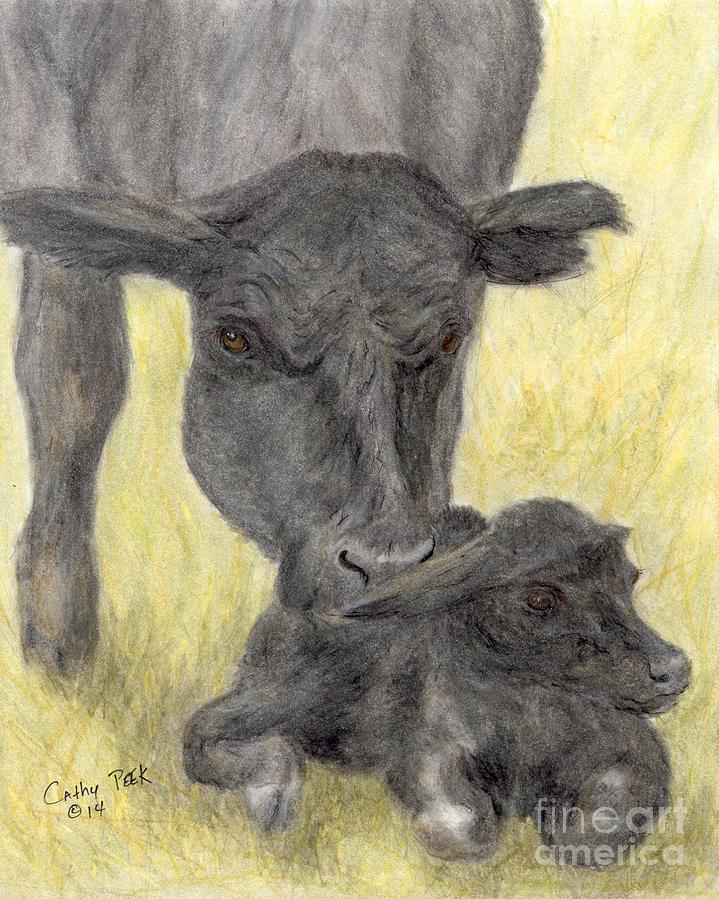Black Angus Cow Calf Cathy Peek Ranch Farm Animal Art Painting By