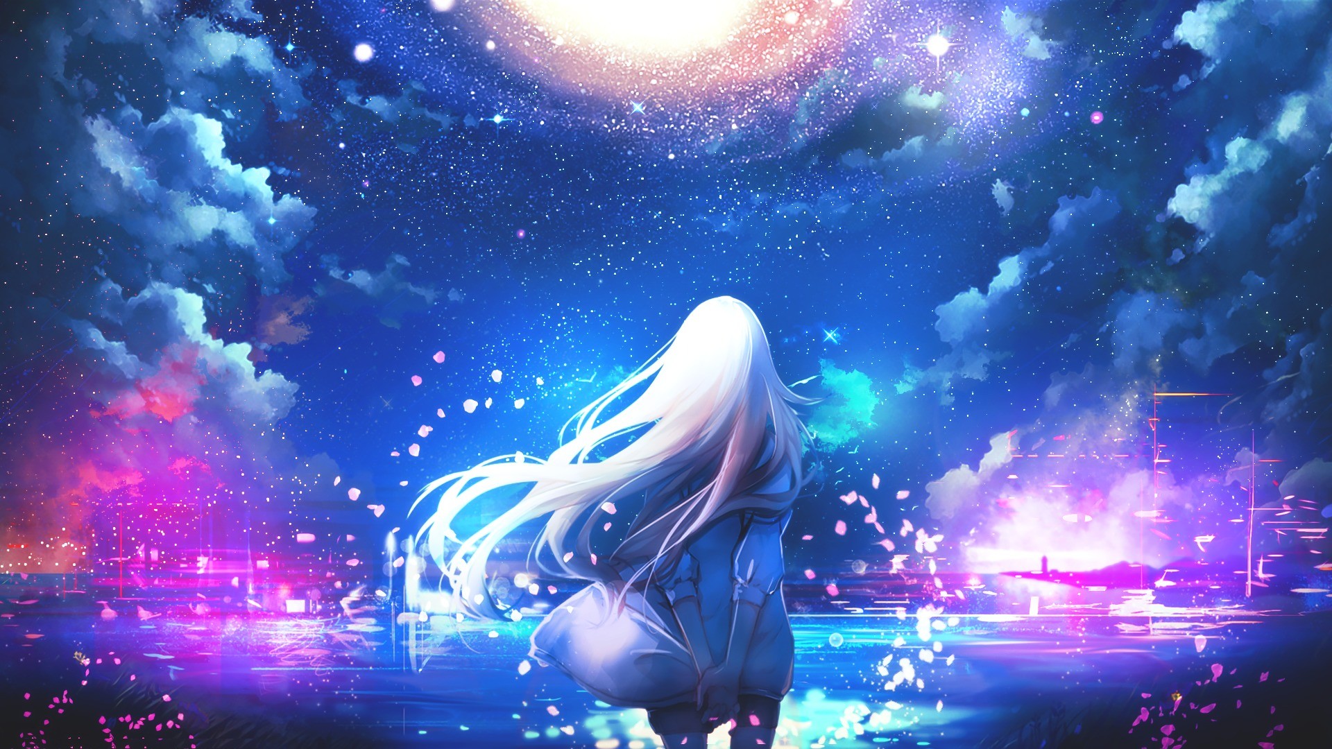 Anime white hair anime girls night sky stars colorful 1920x1080
