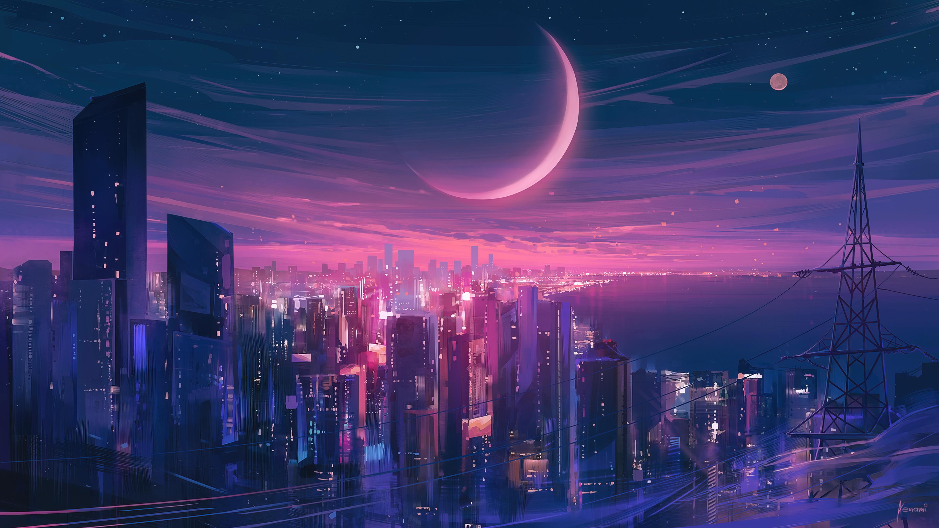 Night City Moon Wallpaper 4k