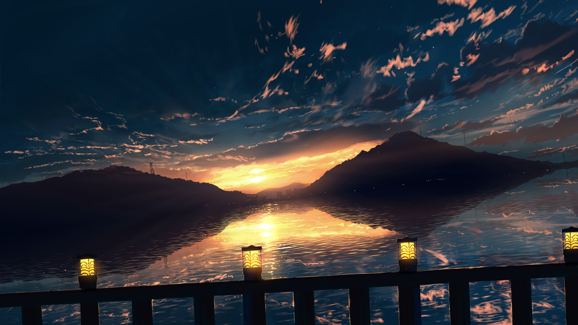 Anime Sunset Reflections Wallpaper