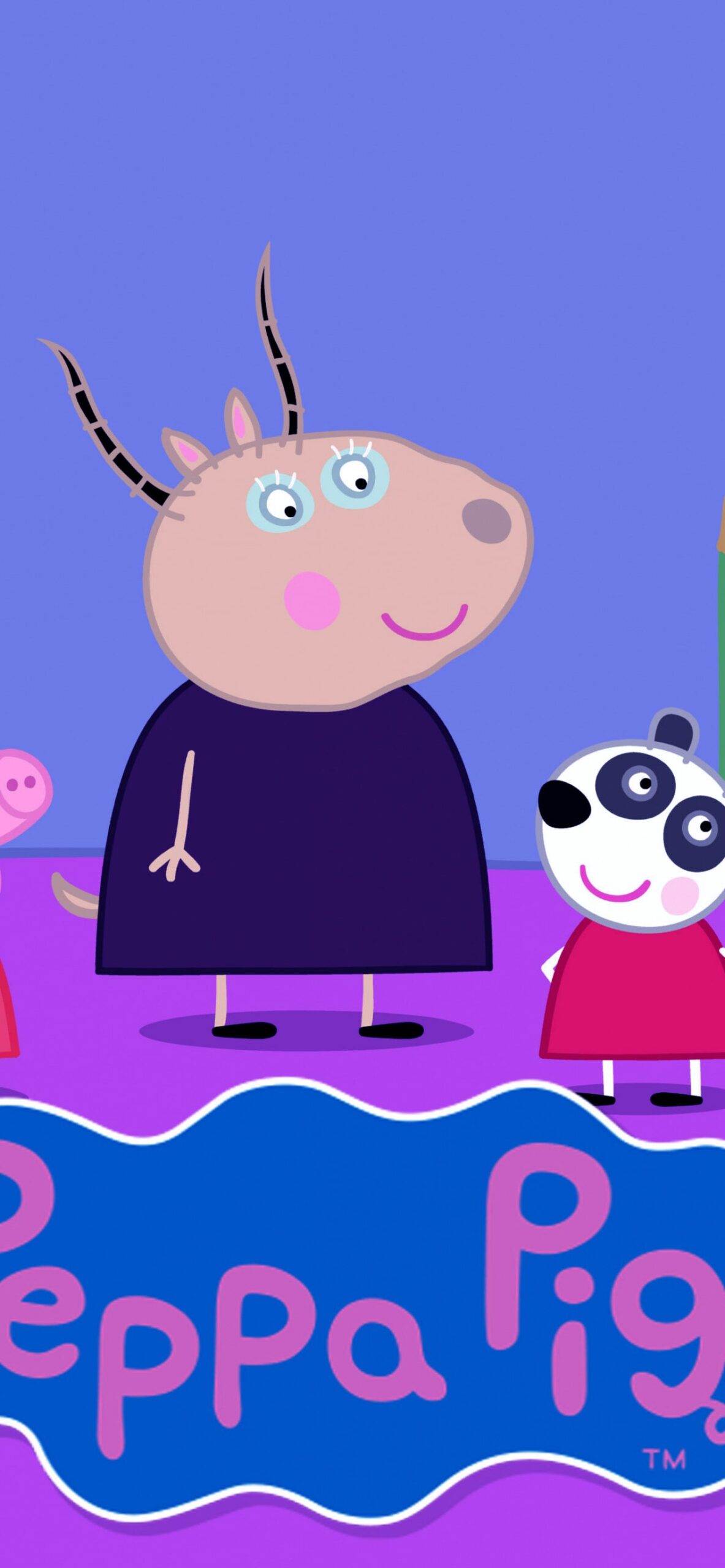 Peppa Pig and friends in front of the Peppa Pig logo