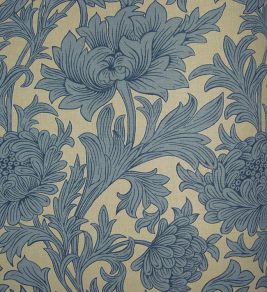 Chrysanthemum Toile Linen Fabric Floral Printed In Blue On Stone