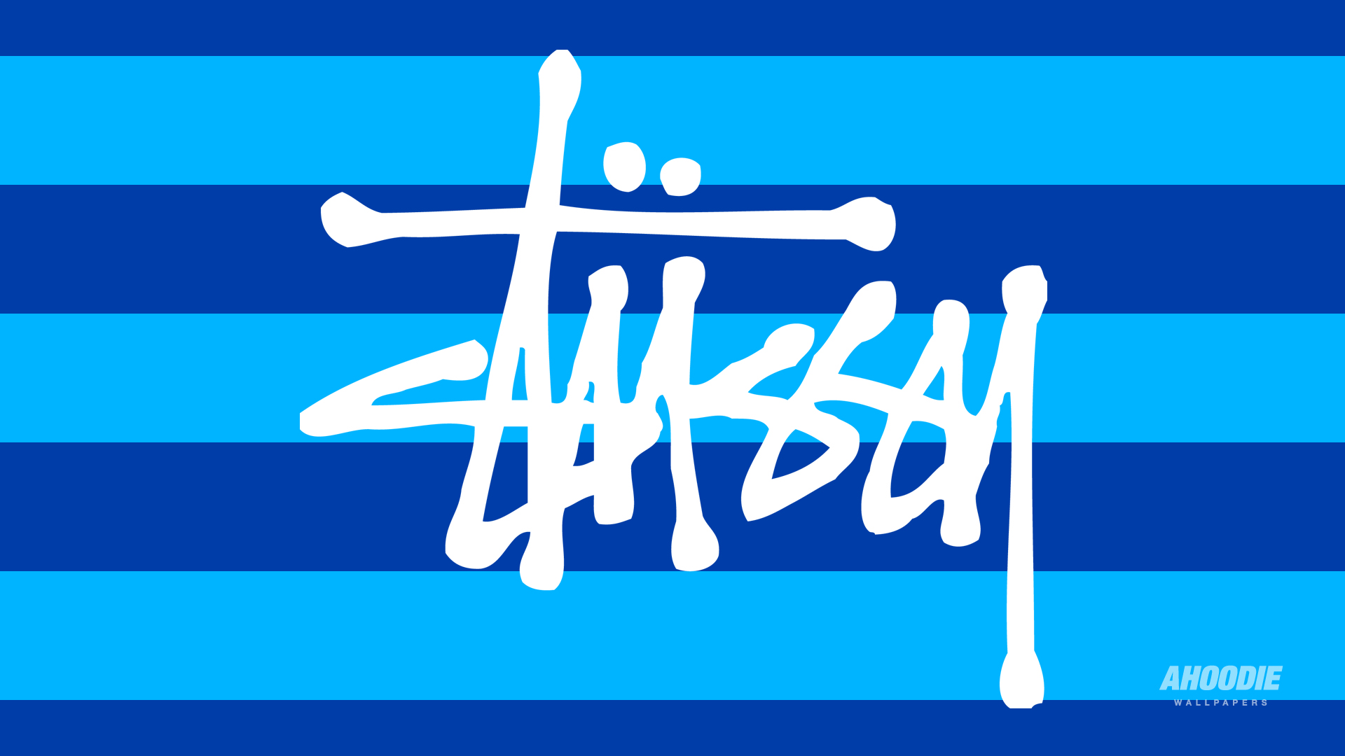 Stussy logo on a blue and light blue striped background, a cool and vibrant wallpaper for Stussy fans