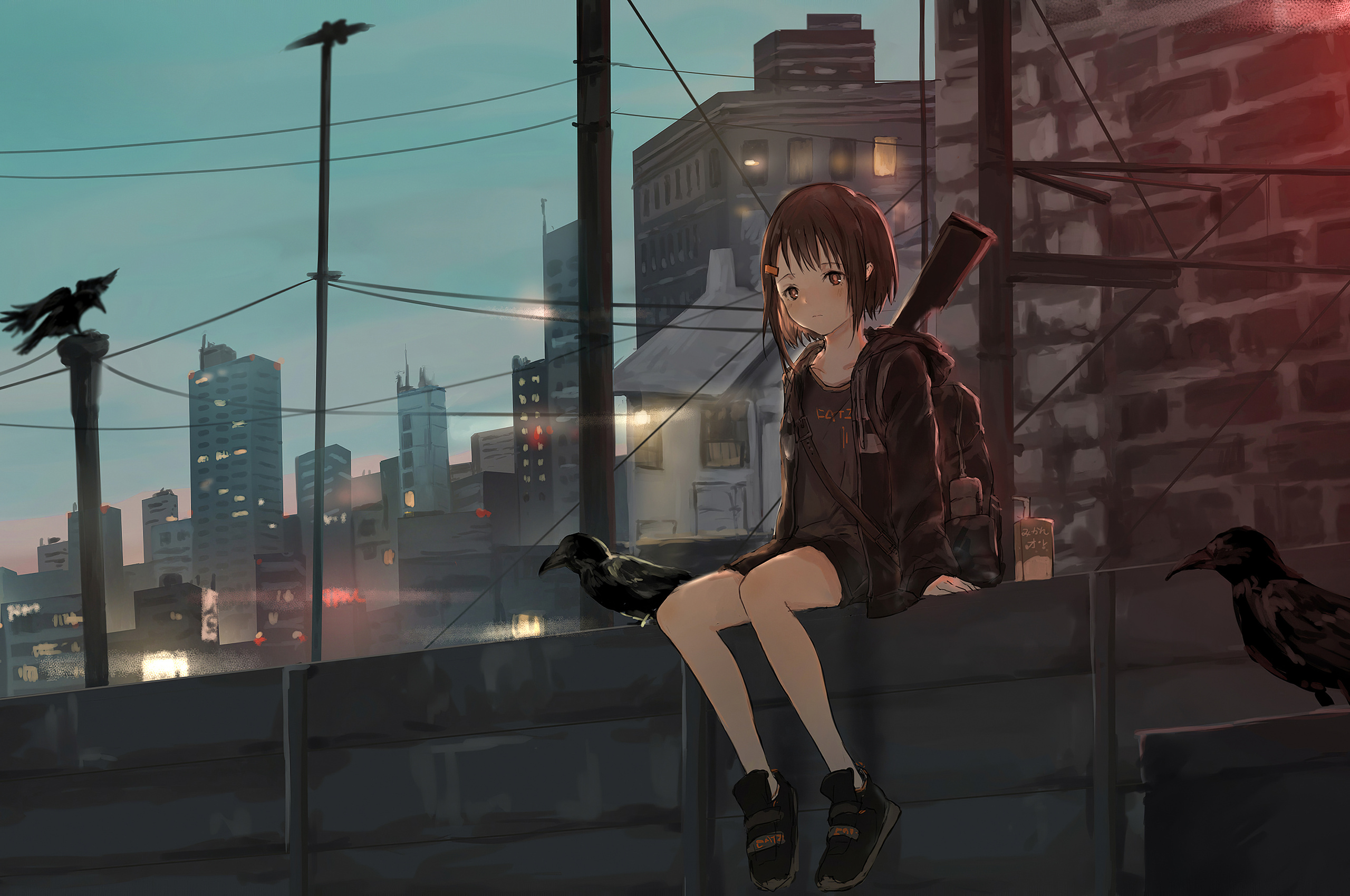 Anime Girl Sitting Alone Roof Sad K HD Wallpaper Image