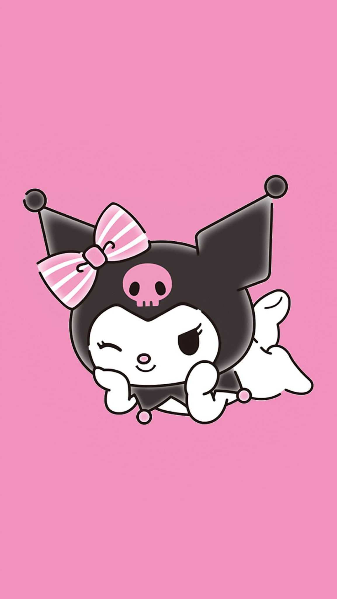 Kuromi relaxing on a pink background, winking and with a pink bow on her head