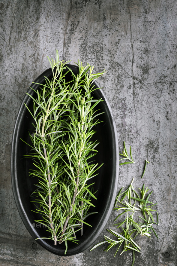 Fresh Rosemary Top On Grunge Wood Background Stock Photo By