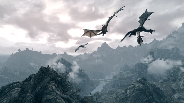 Wallpaper The Elder Scrolls Dragons Fly Mountains Sky HD