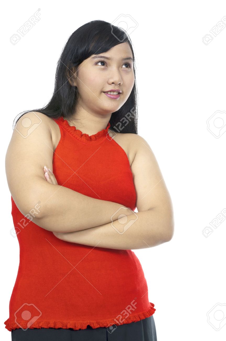 Overweight Asian Chubby Girl Isolated Over White Background Stock