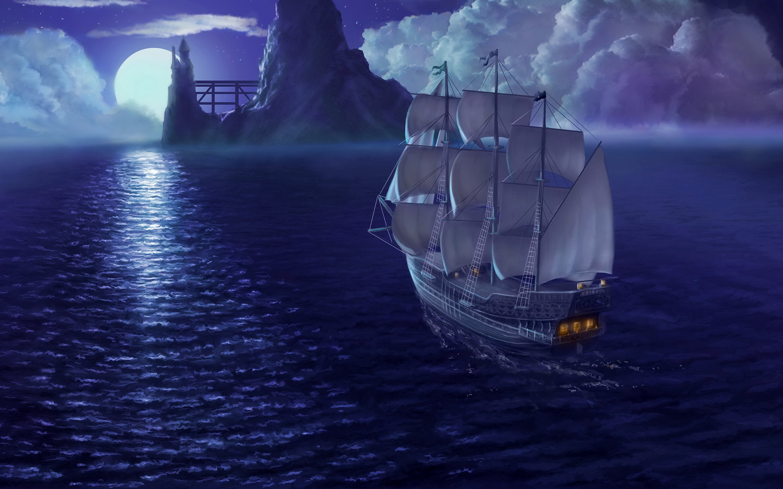 Rendering Sea Ship Sail Moon Night Sky Ships Fantasy Ocean Wallpaper
