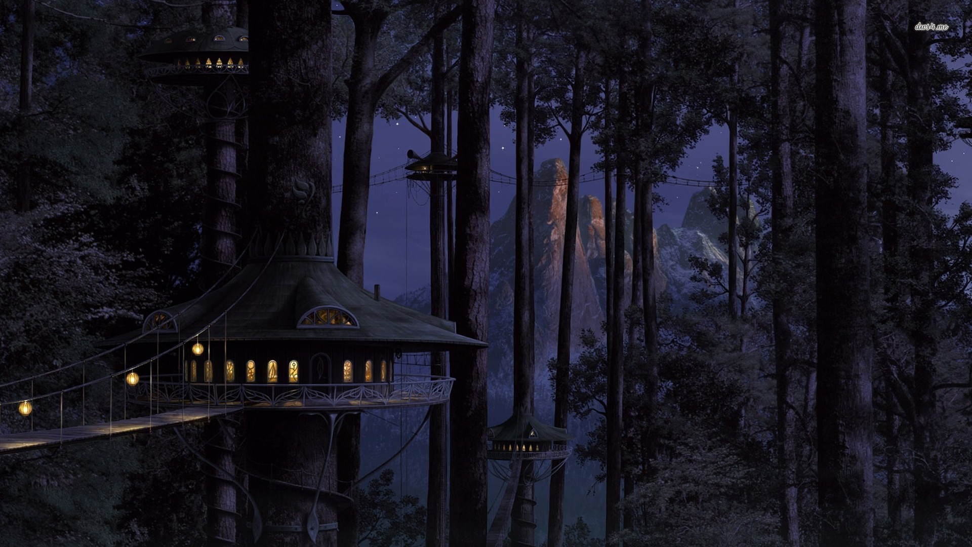 Fantasy Light Tree House Night Bridge Forest