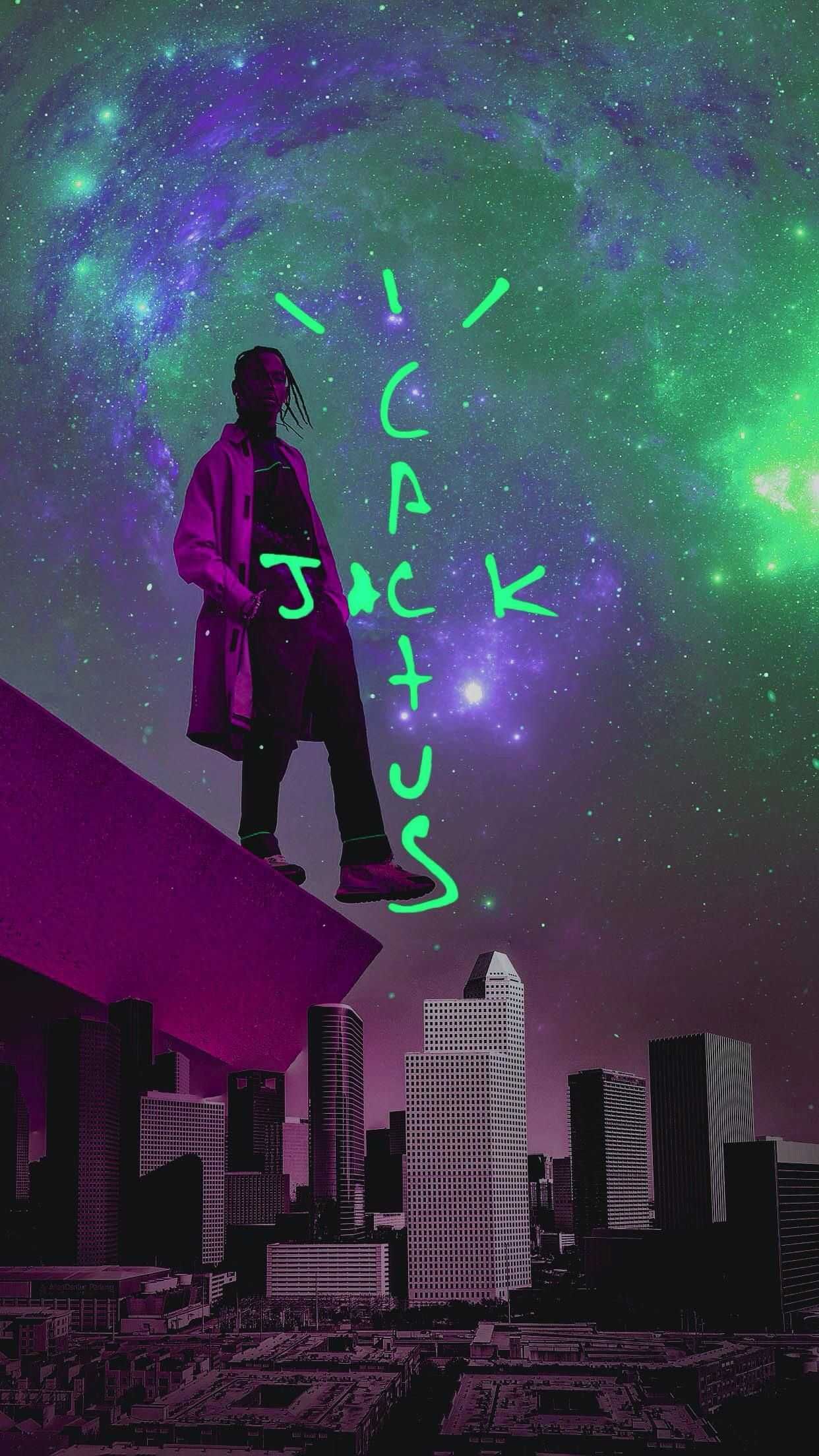 A Man Standing On Top Of Building Under Purple And Green Sky Filled Wallpaper