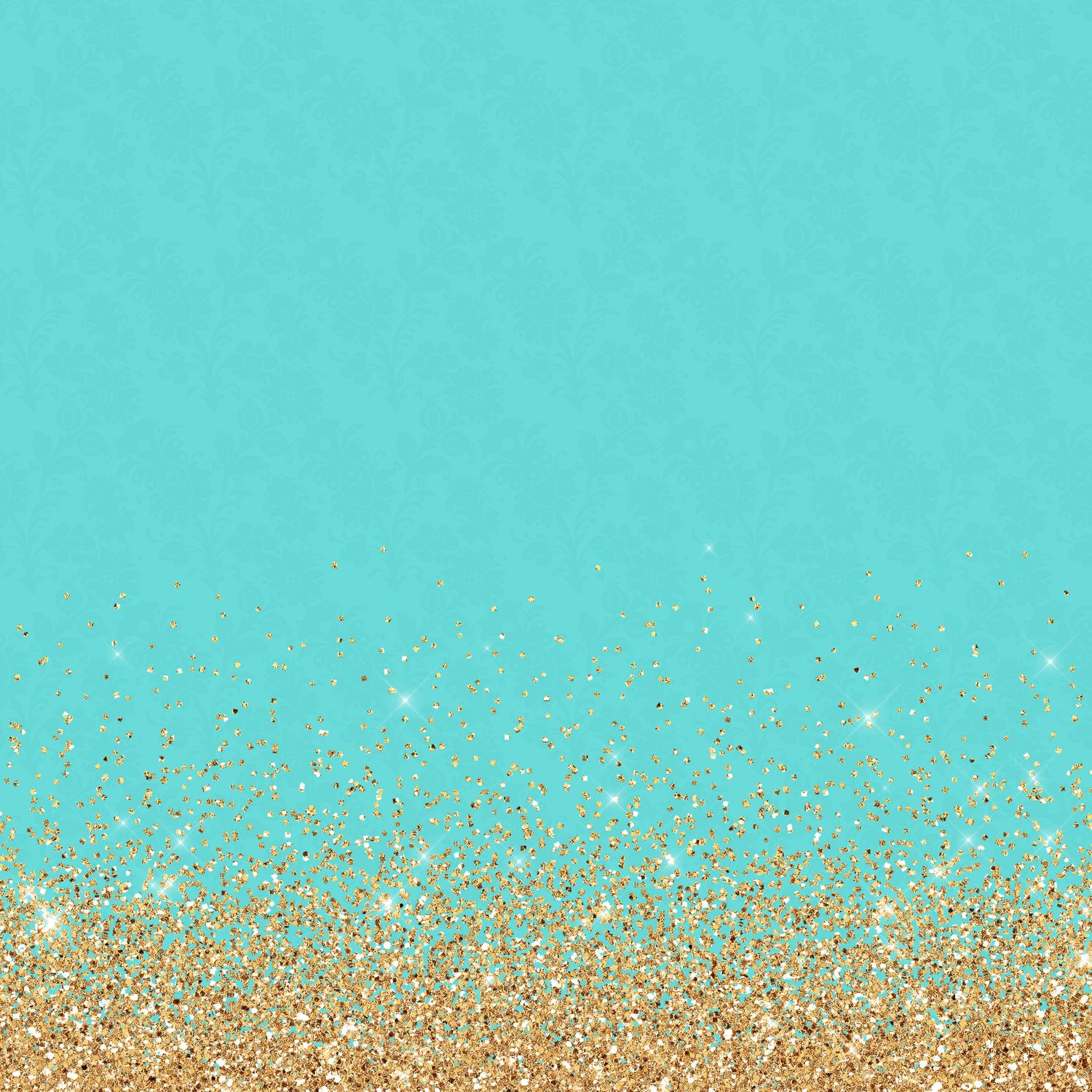 Sparkling Gold Glitter Confetti On Aqua Teal Damask Background