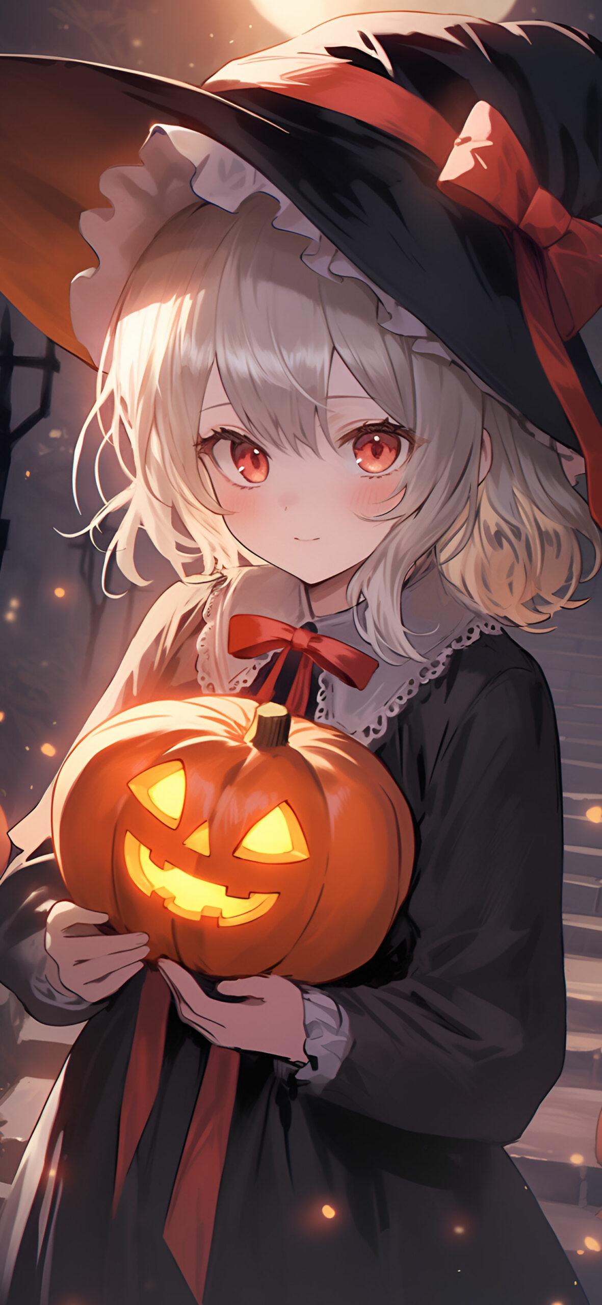 Cute Anime Girl With Jack O Lantern Halloween Wallpaper iPhone