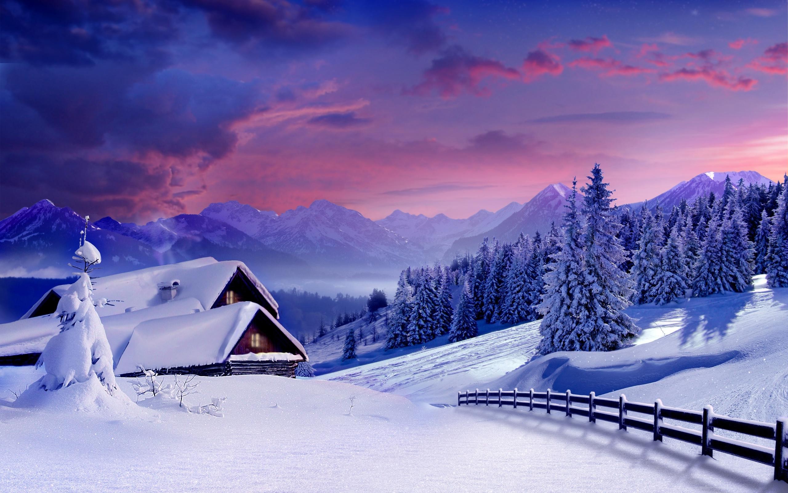 Landscape Winter Snow Mountain Trees Sky Cabin Wallpaper HD