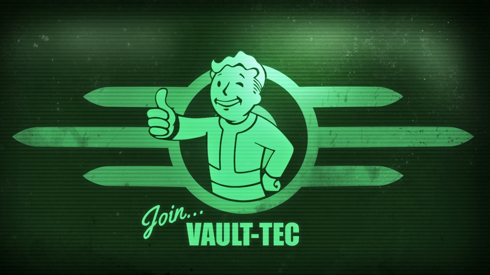 Vault Boy, the mascot of the Fallout video game series, gives a thumbs-up in front of the Vault-Tec logo
