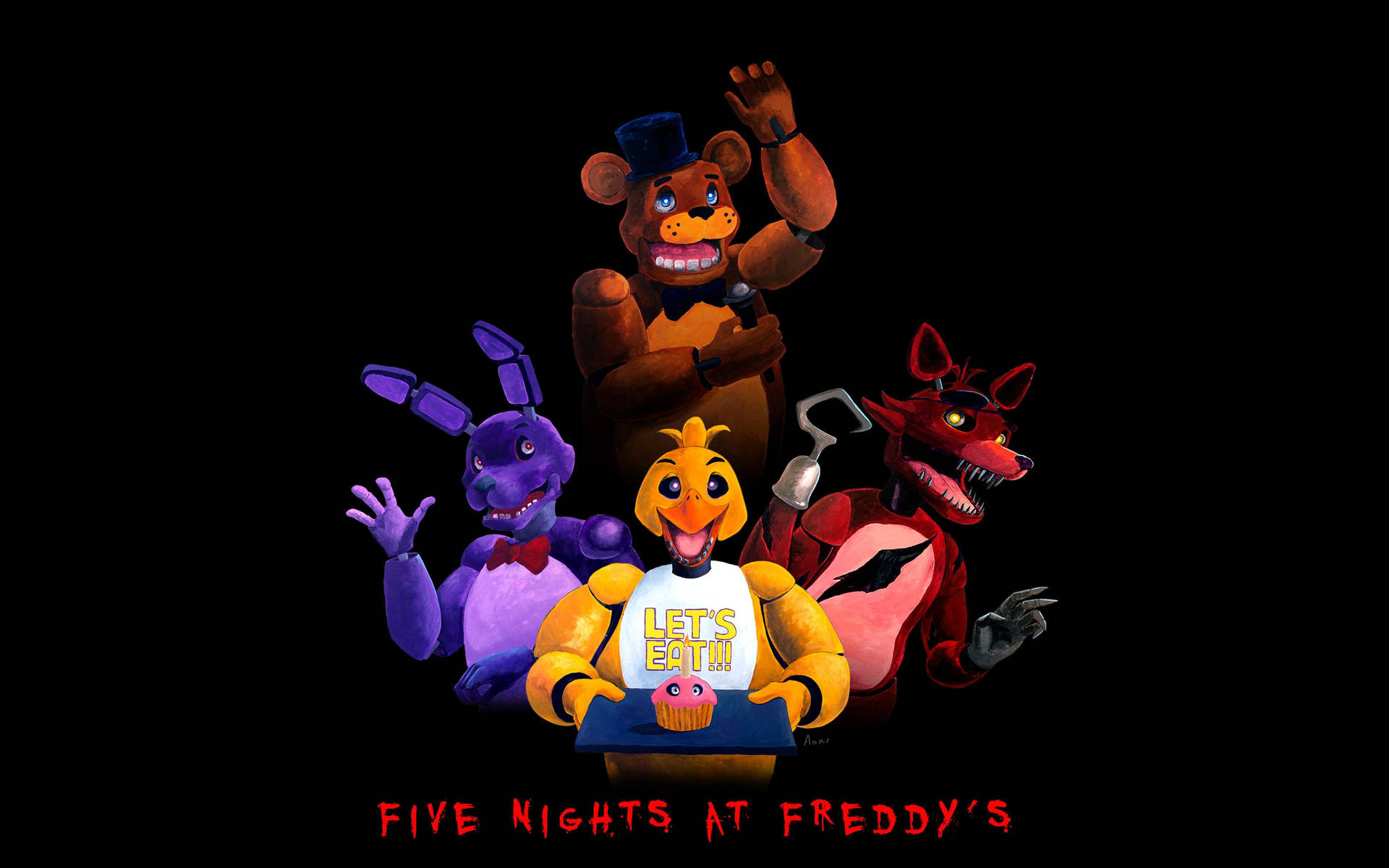 Five Nights at Freddy's main characters: Freddy Fazbear, Bonnie, Chica, and Foxy, gathered together in a fan art illustration