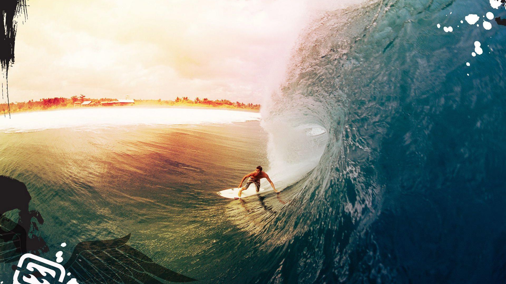 A surfer rides a powerful wave in a tropical paradise, showcasing the thrill and beauty of surfing