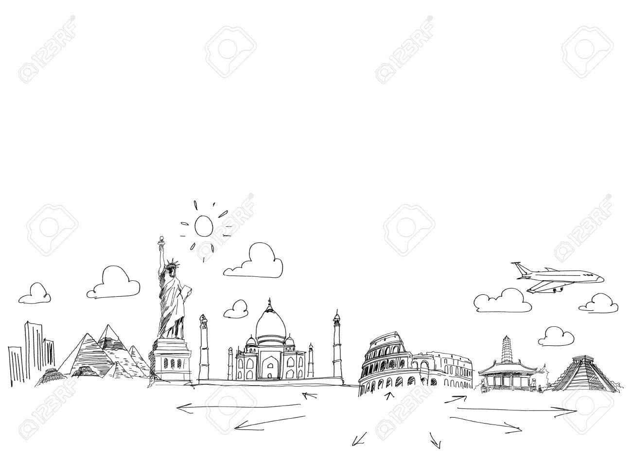 Background Sketch Image With Drawings Travel Concept Stock Photo