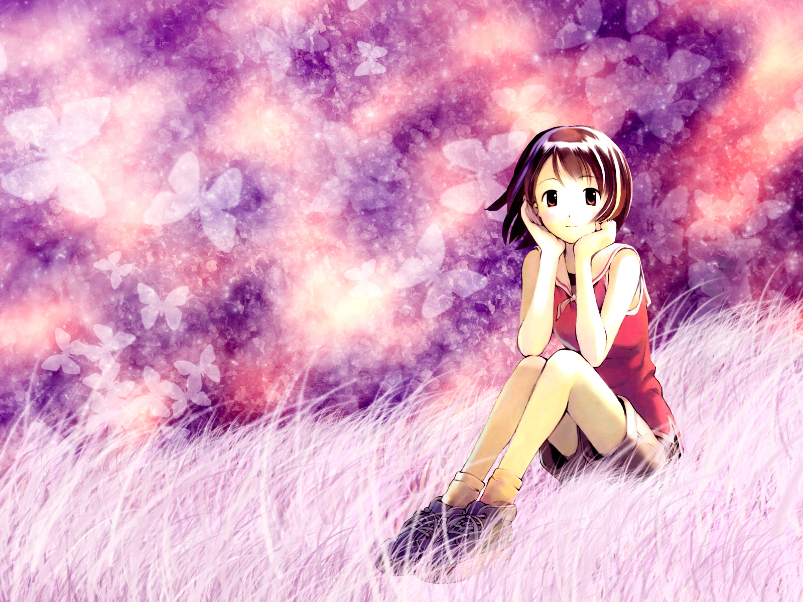 A cute anime girl sits in a field of soft, light purple grass, gazing dreamily at a sky filled with translucent butterflies against a backdrop of pink and purple hues