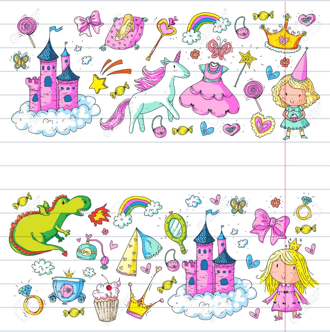 Cute Princess Icons Set With Unicorn Dragon Girl Wallpaper Baby