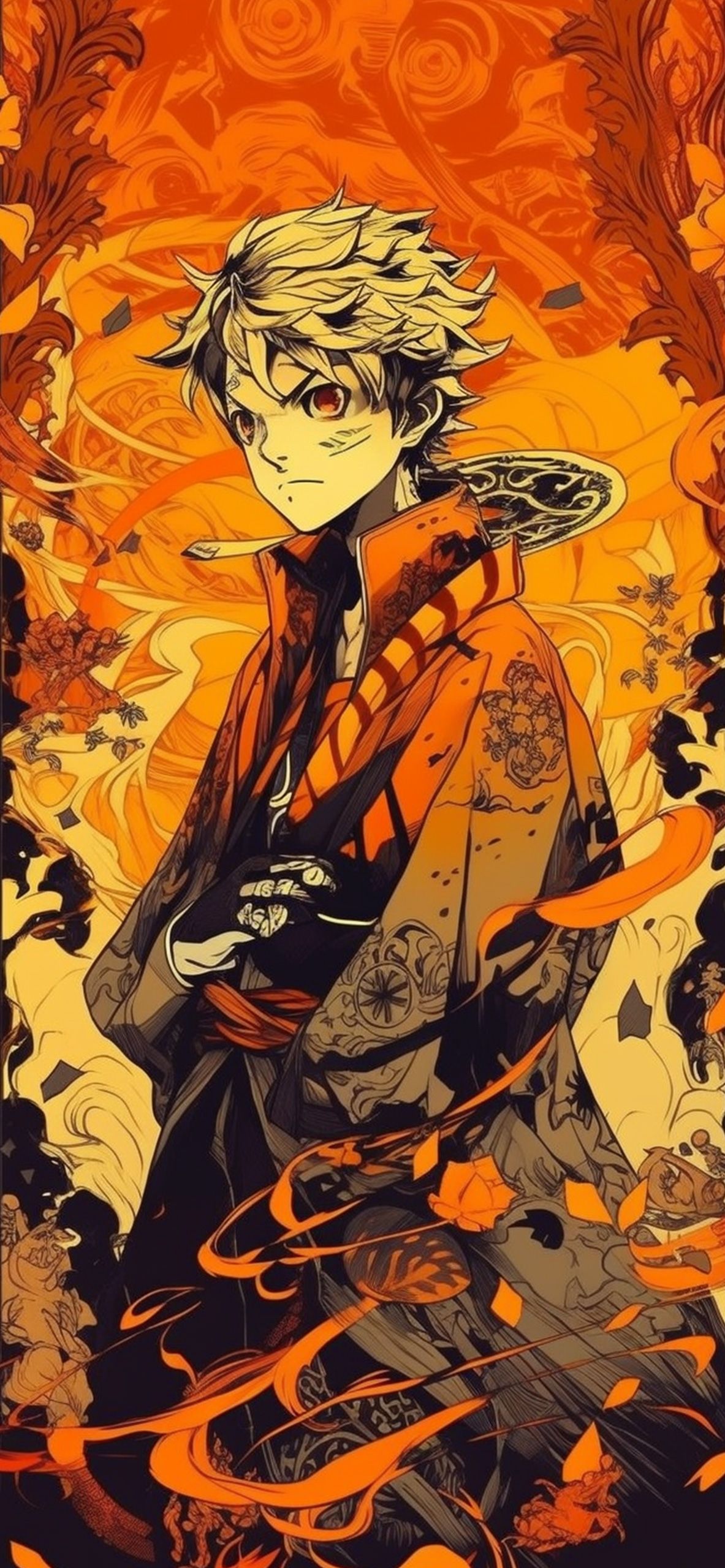 A bold and fiery Demon Slayer aesthetic wallpaper featuring intense color and mood