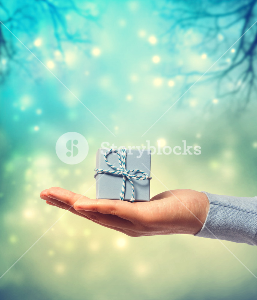 Woman Holding And Presenting A Small Blue Gift Box On Teal Winter