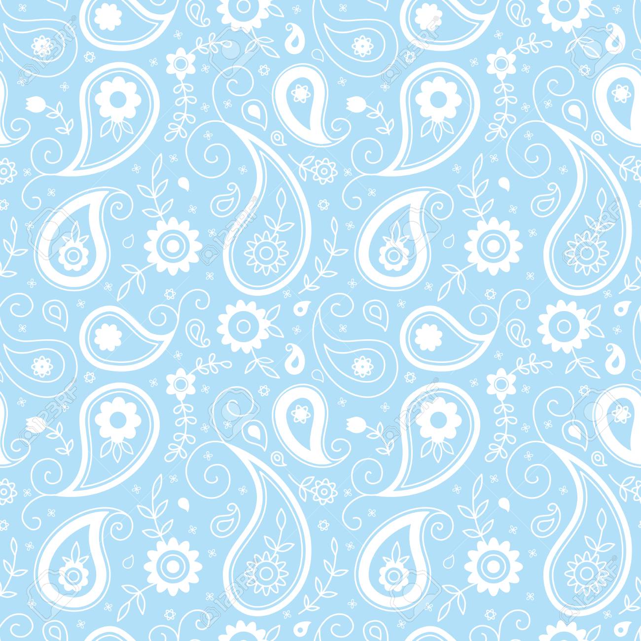 Light Blue Ethnic Background Paisley And Flowers Seamless Pattern