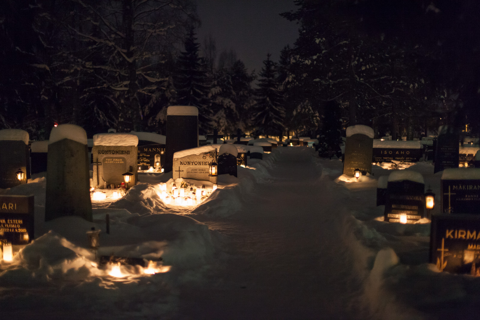 Cemetery Tombstones Night Lights Snow Winter Bokeh Mood Dark Wallpaper