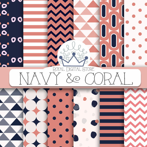 Navy Coral Digital Paper with geometric background geometric