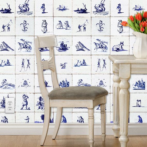 Delft Tile Wallpaper Dutch Blue And White Vintage Look