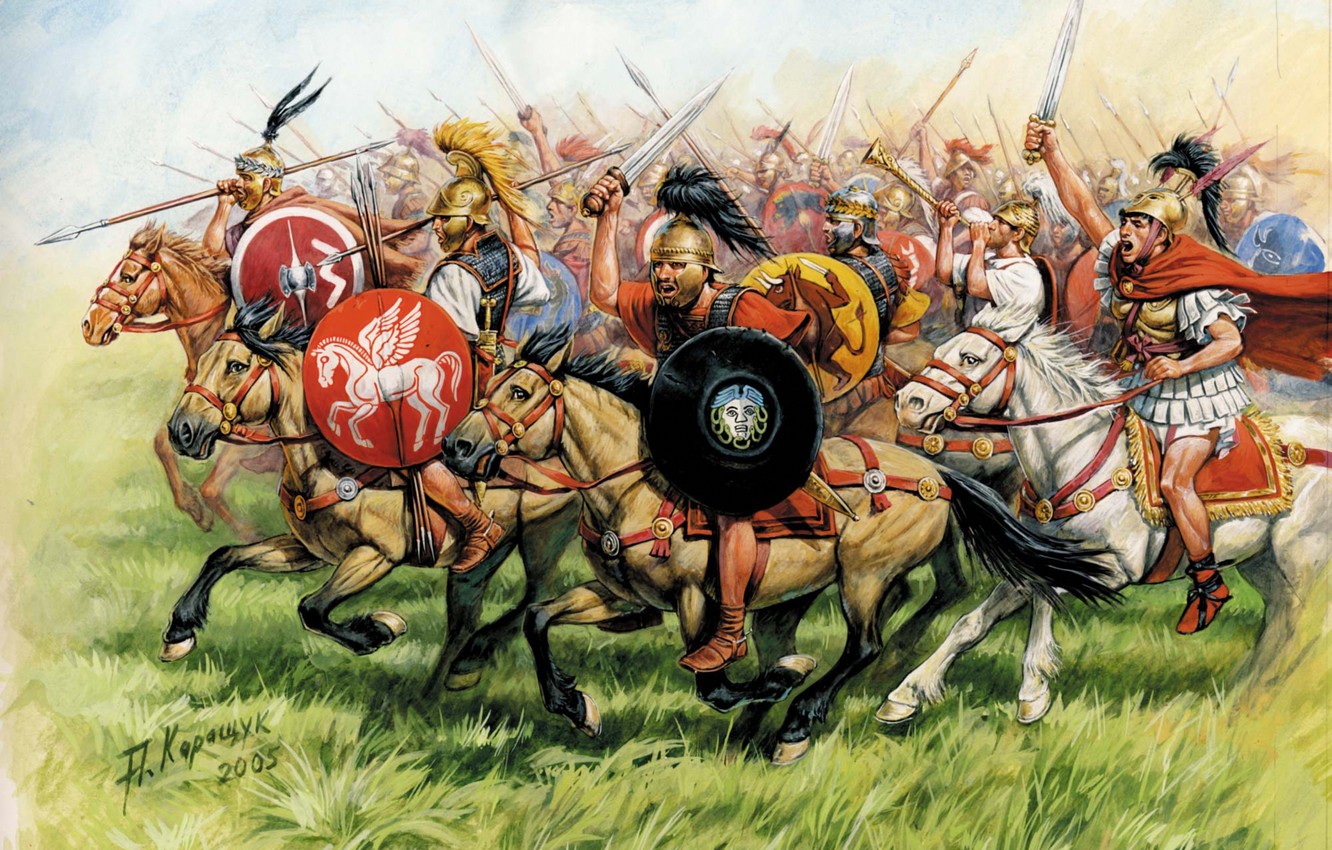 Wallpaper Grass Attack Figure Armor Rome Swords Spears Hats