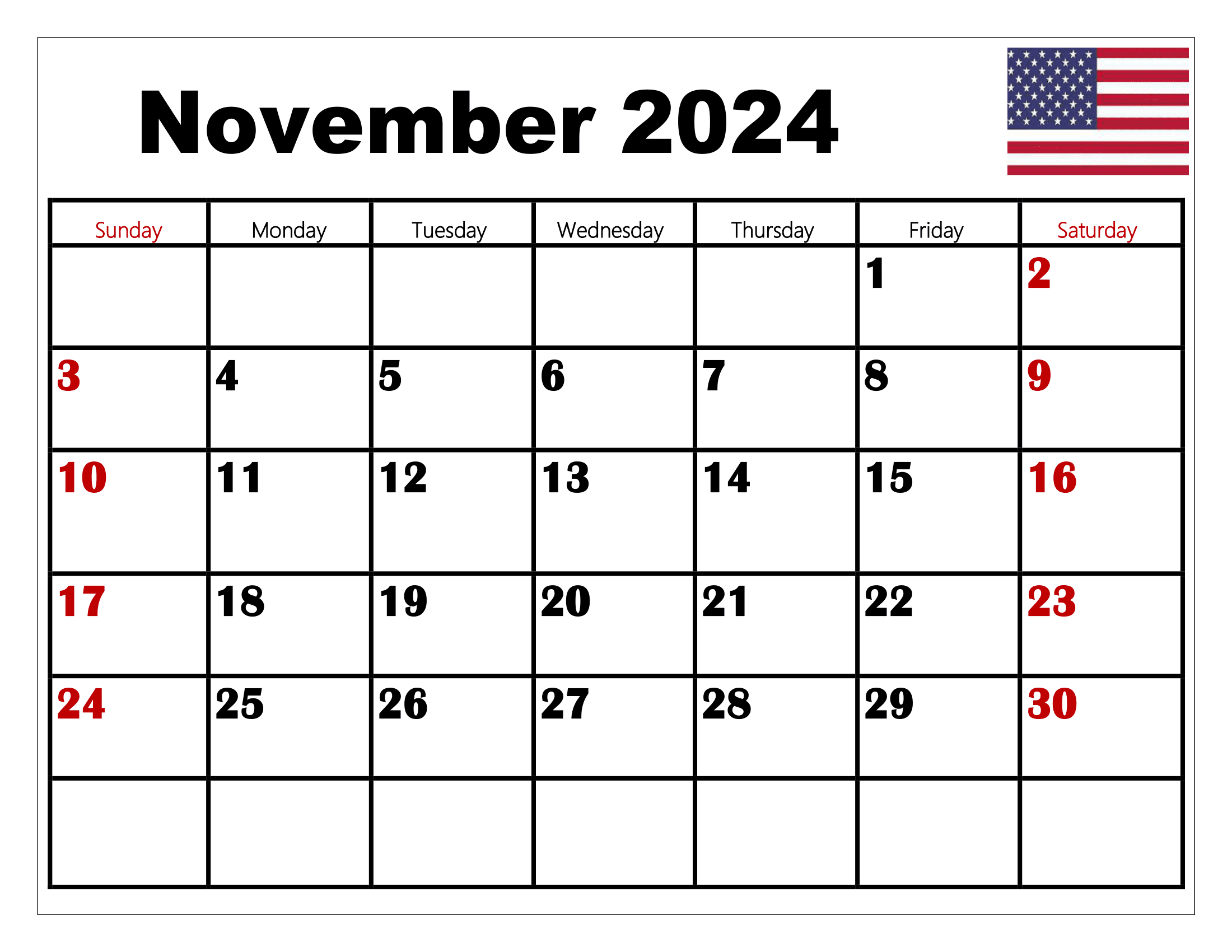 November 2024 calendar with the US flag in the top right corner