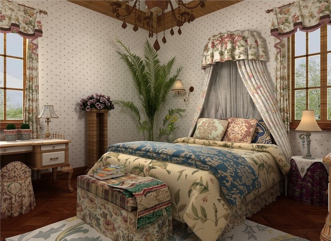 Country Bedroom Wallpaper And Curtains Purple Rendering
