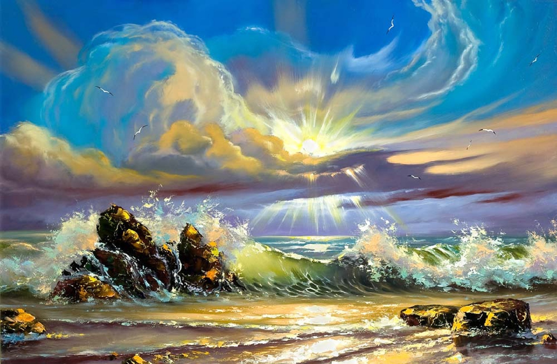 Wallpaper Painting Landscape Sea Wave Beach Seagulls Stones Sun
