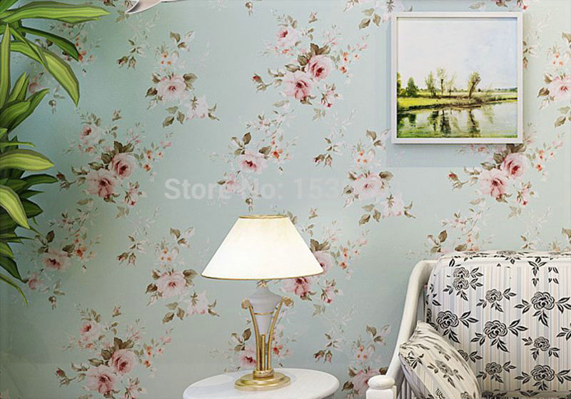 Romantic Victorian Rose Flower Floral Scroll Wallpaper Wall Paper Blue