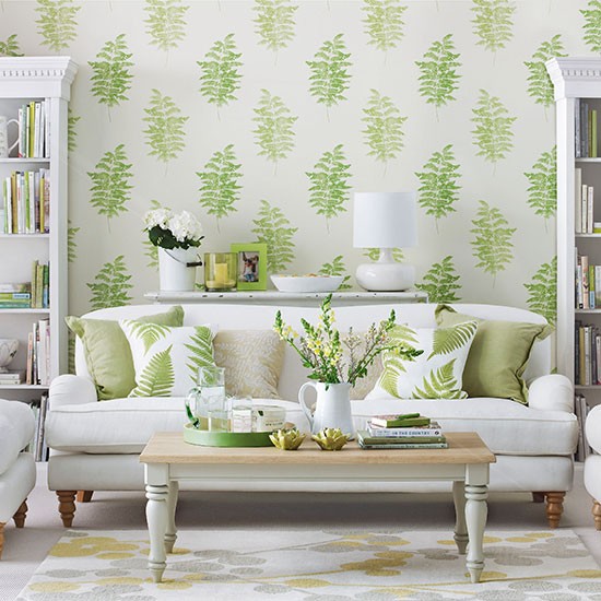 Living Room With Green Fern Design Wallpaper Decorating