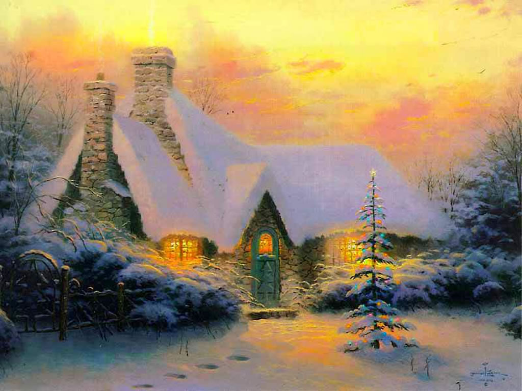 Christmas Tree Cottage Winter Scenes Wallpaper Image