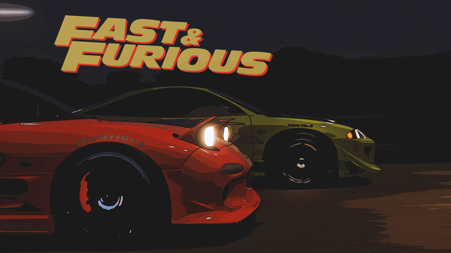 Two cars, resembling those from The Fast and the Furious movie, facing forward in a dark setting