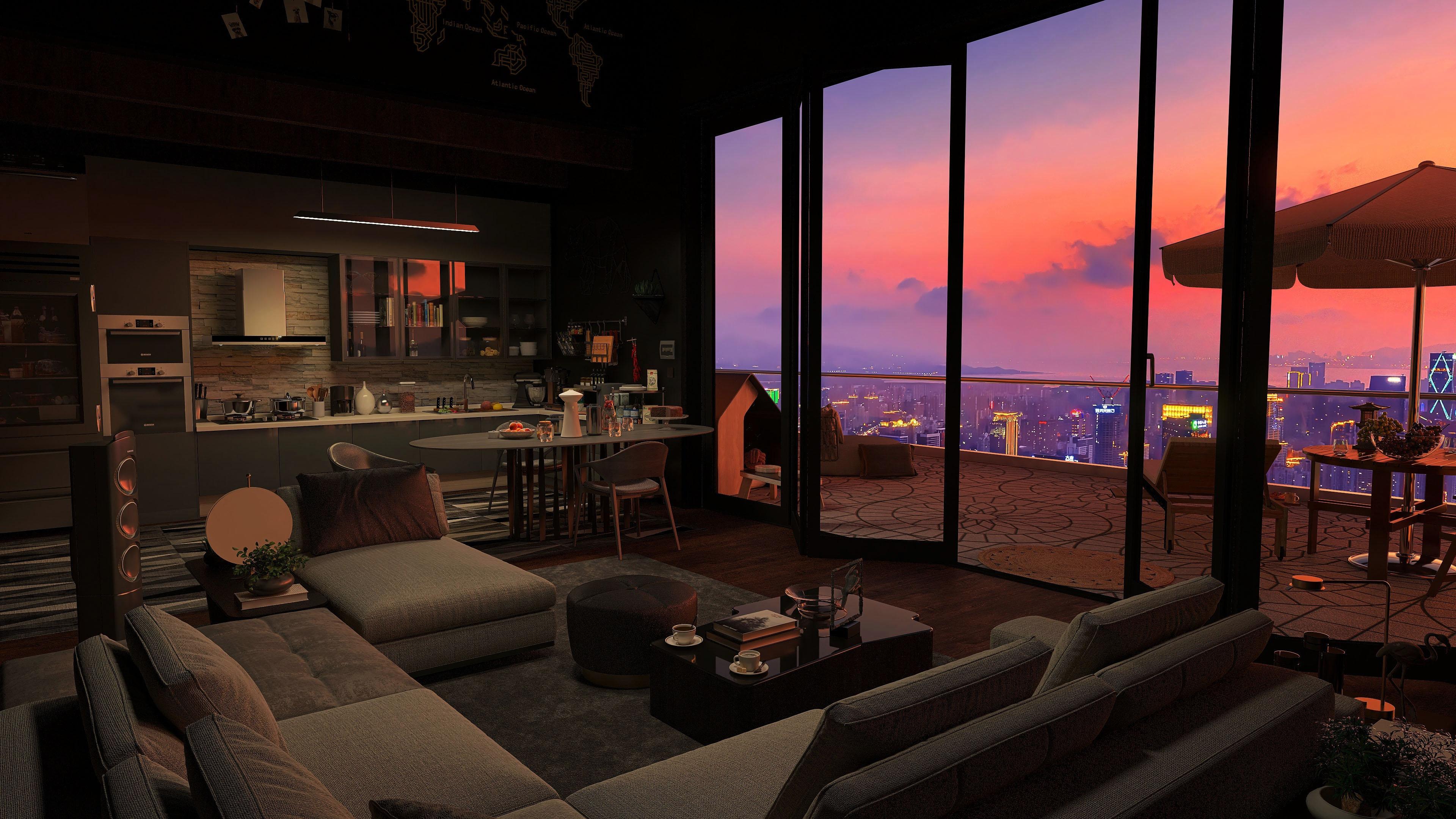 A cozy and modern city apartment with a stunning sunset view from the balcony