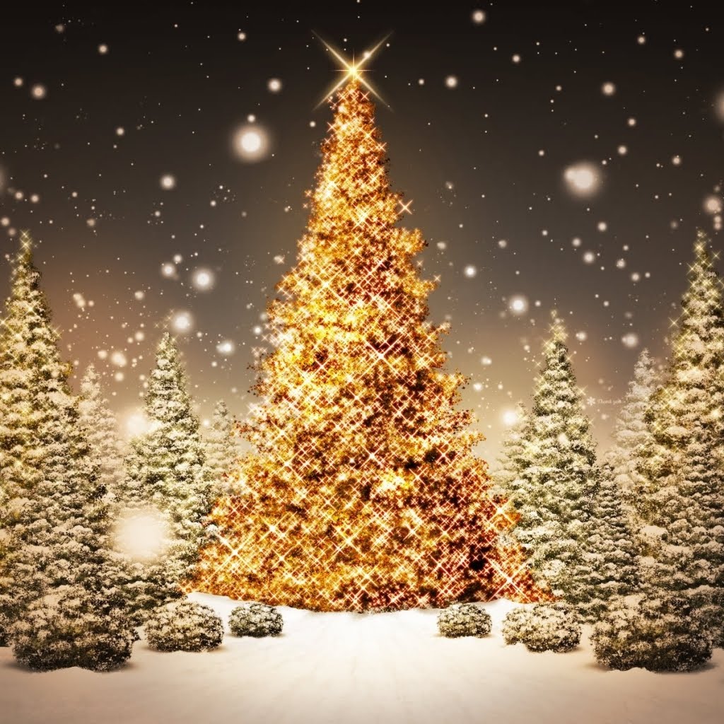 A dazzling golden Christmas tree illuminates a snowy forest scene, creating a magical holiday backdrop
