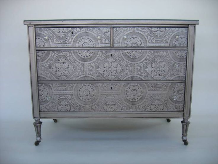 Silver Dresser Done With Paintable Textured Wallpaper On Drawer Front