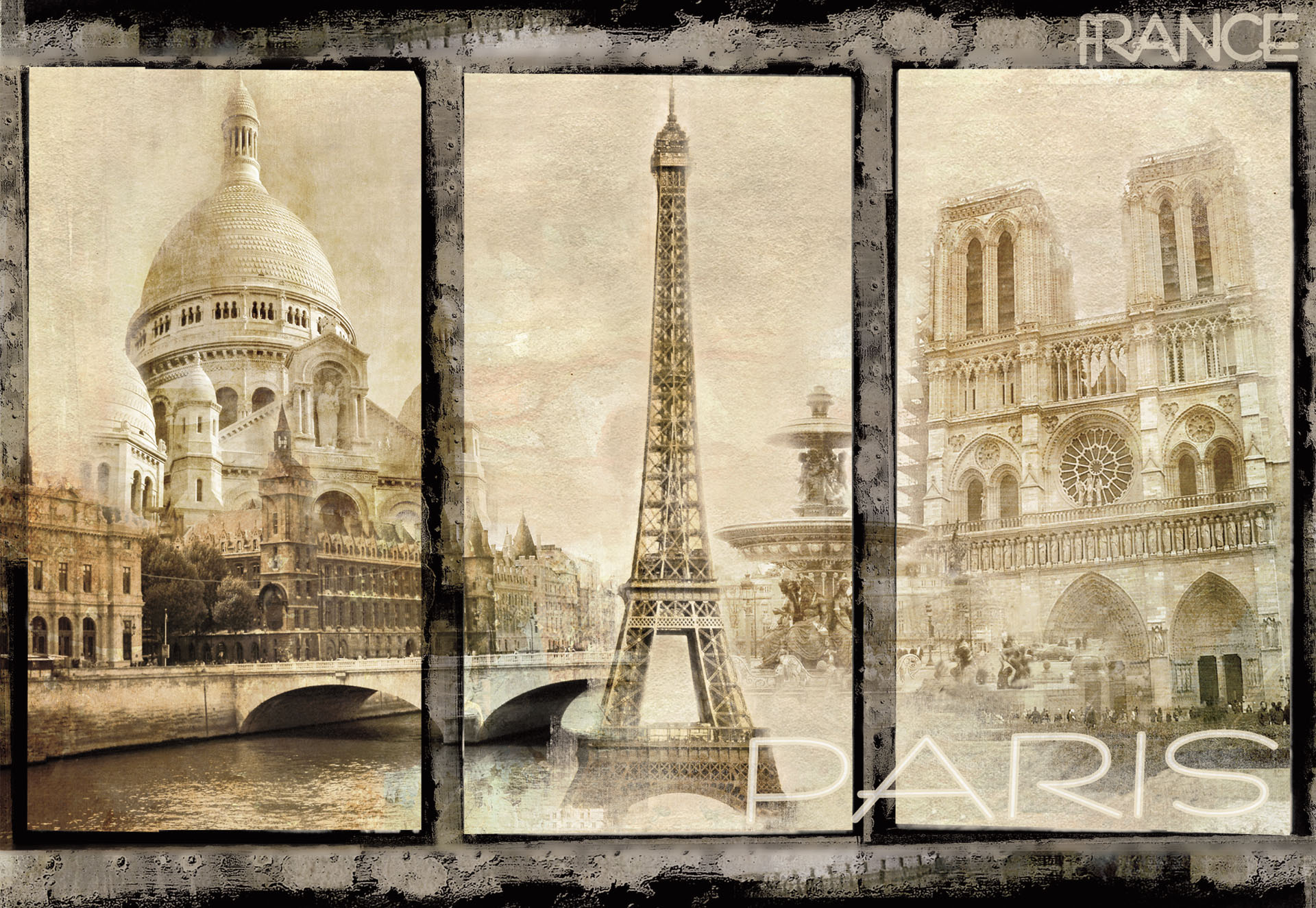 Vintage Paris Illustration Triple Photo Wallpaper Wall Mural Cn 021p